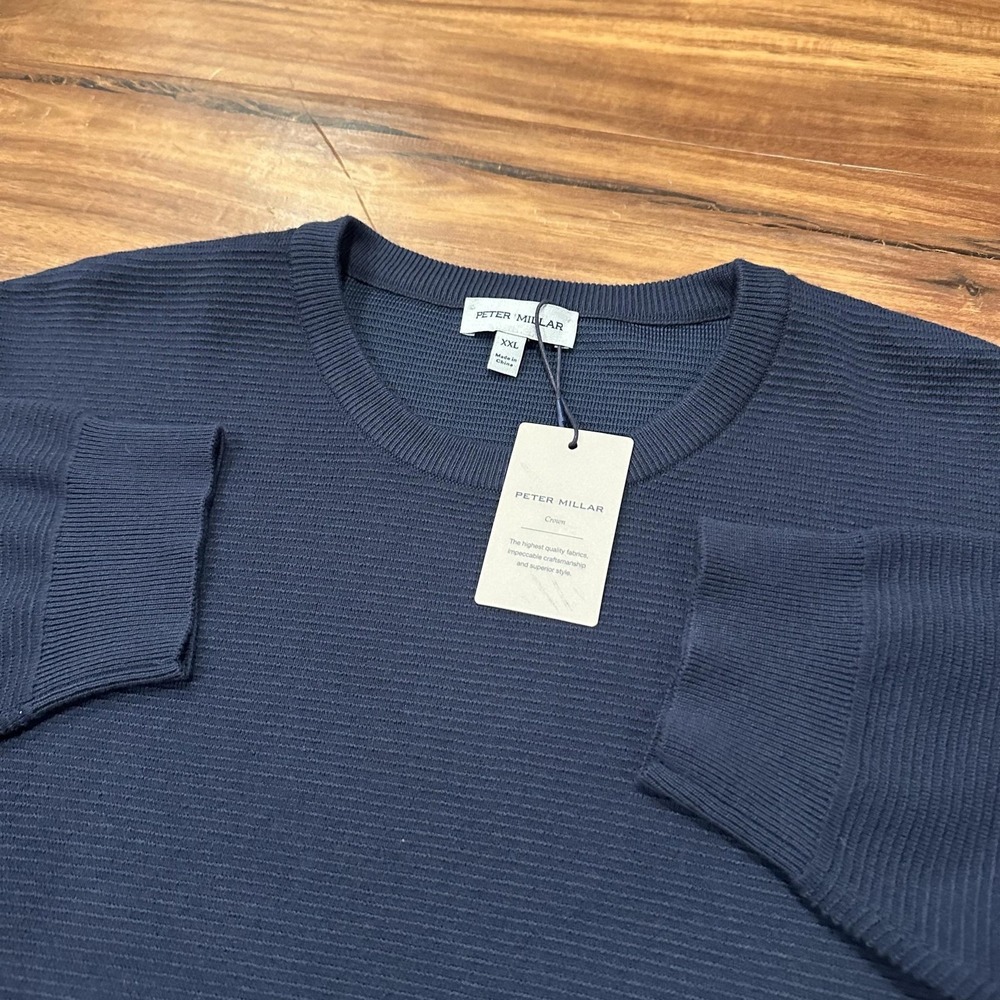 Peter Millar Sweater Mens 2XL Blue Tight Knit Crewneck Pullover Stretch Casual